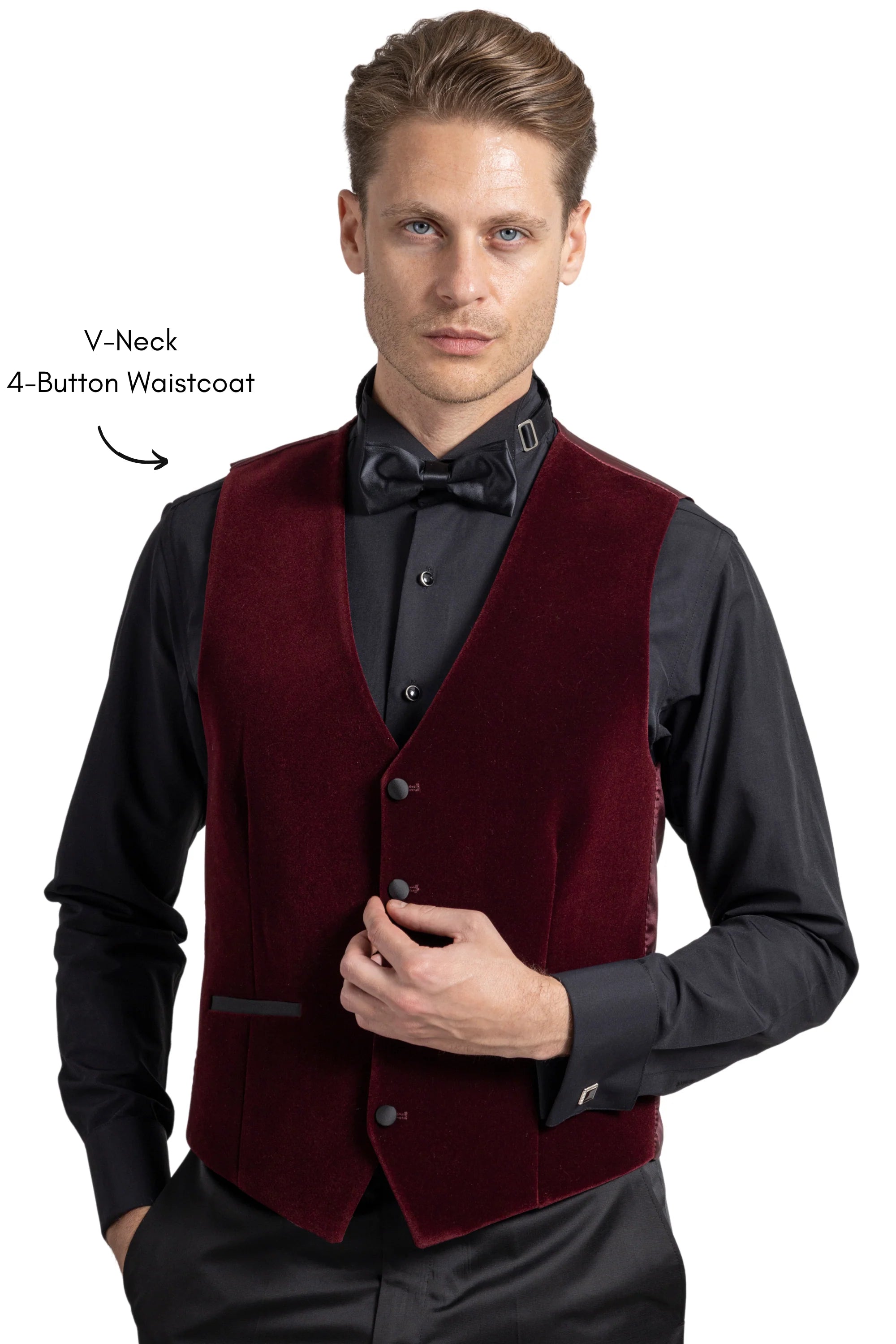 Wine burgundy velvet waistcoat with V-neck and four-button fastening, front view