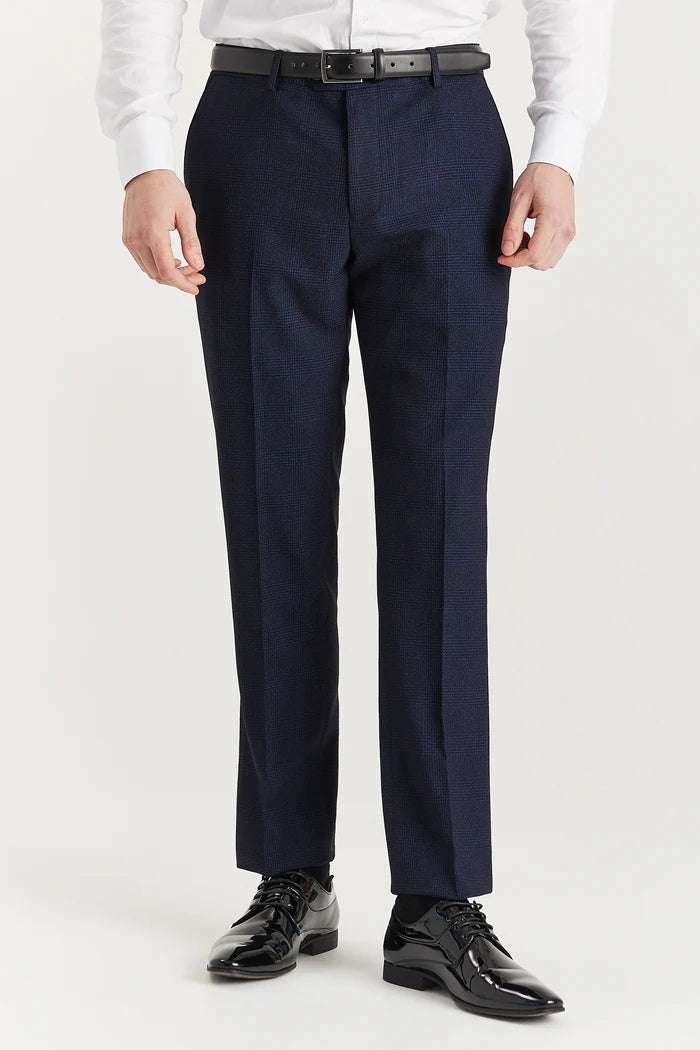 Tailored navy check trousers with a slim fit, front crease detailing, and classic black belt