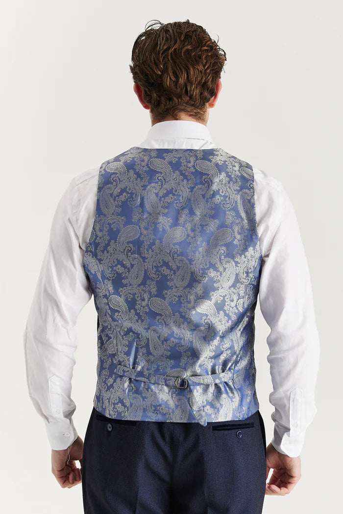 Rear view of the waistcoat with adjustable strap and standout silver paisley satin back panel.