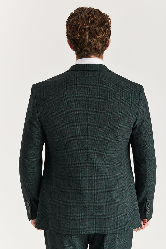 Back view of the olive green suit jacket showing clean tailoring and smooth seams.