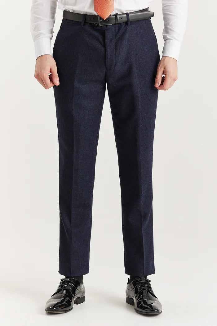 Front view of Oscar navy tweed trousers with slim tailored fit, paired with black belt and polished black dress shoes.