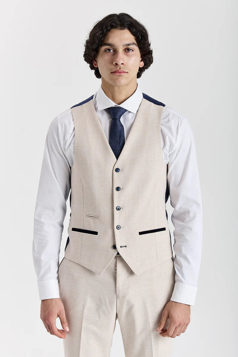 Front view of a men's cream check waistcoat featuring dark blue buttons and dark pocket trims, worn with a white shirt, dark blue tie, and matching check trousers.