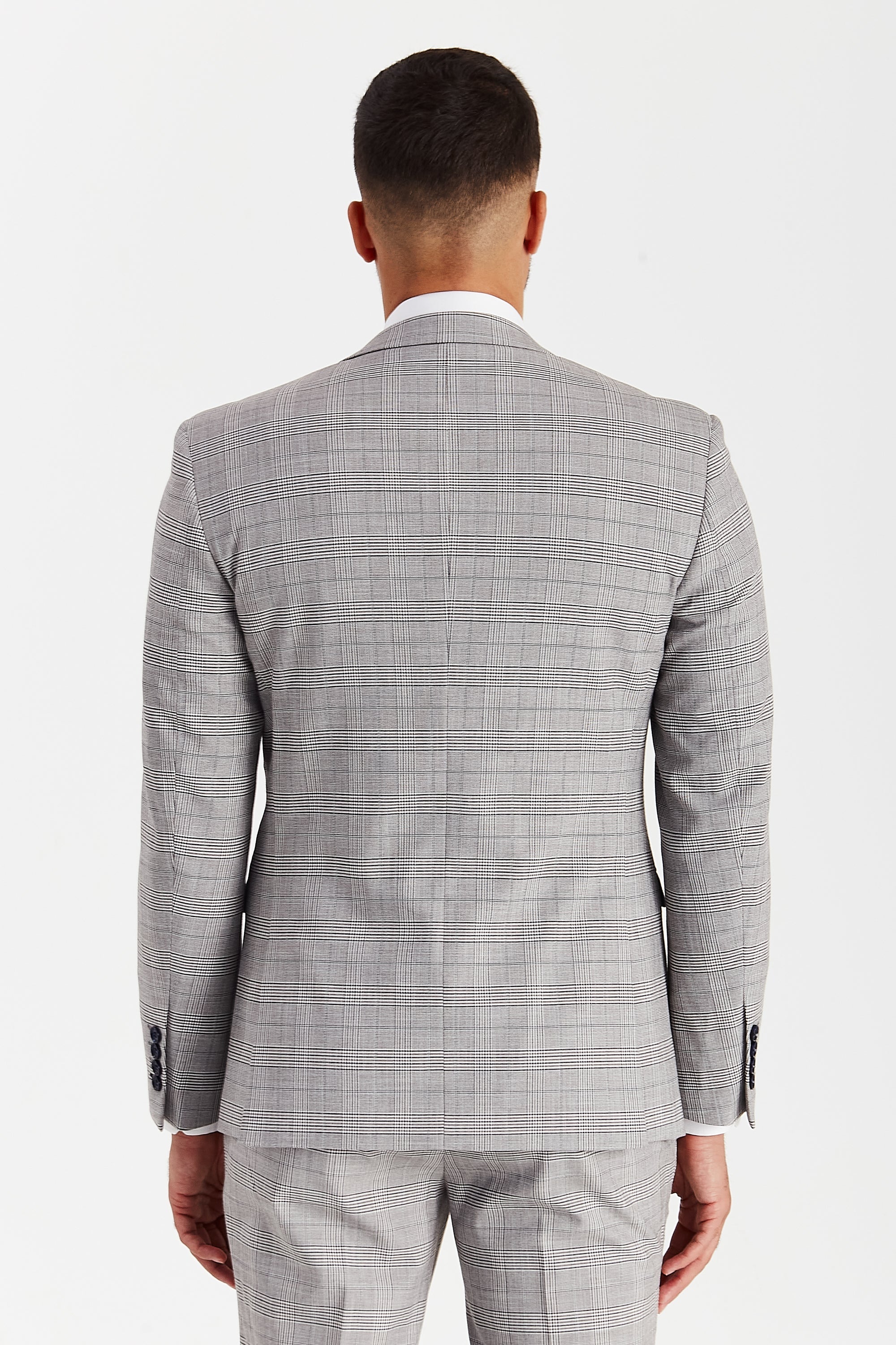 Rear view of the Hugo grey check blazer and trousers, showing the tailored fit across the back.