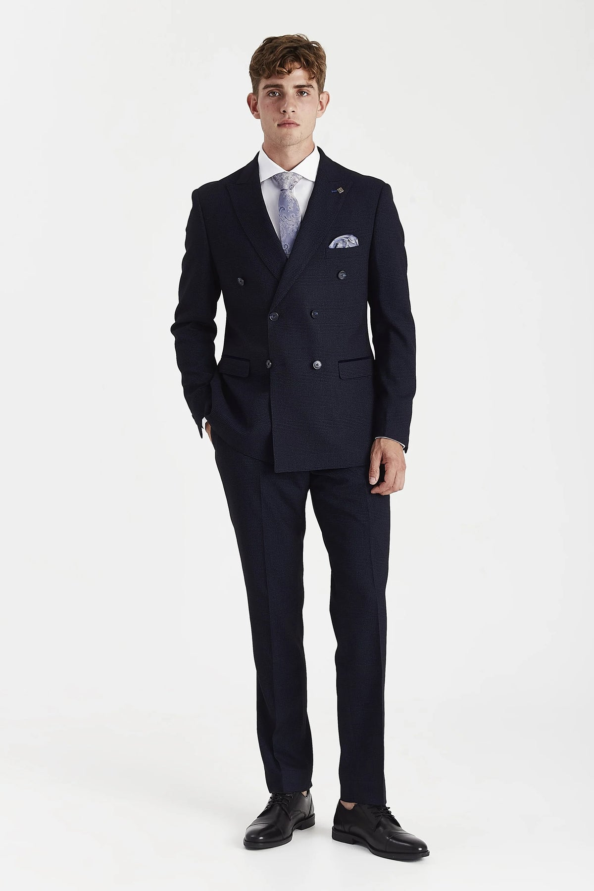 Full-length front view of the Paul Andrew Regent navy check suit, showing the slim-fitting double-breasted jacket and matching tapered trousers.