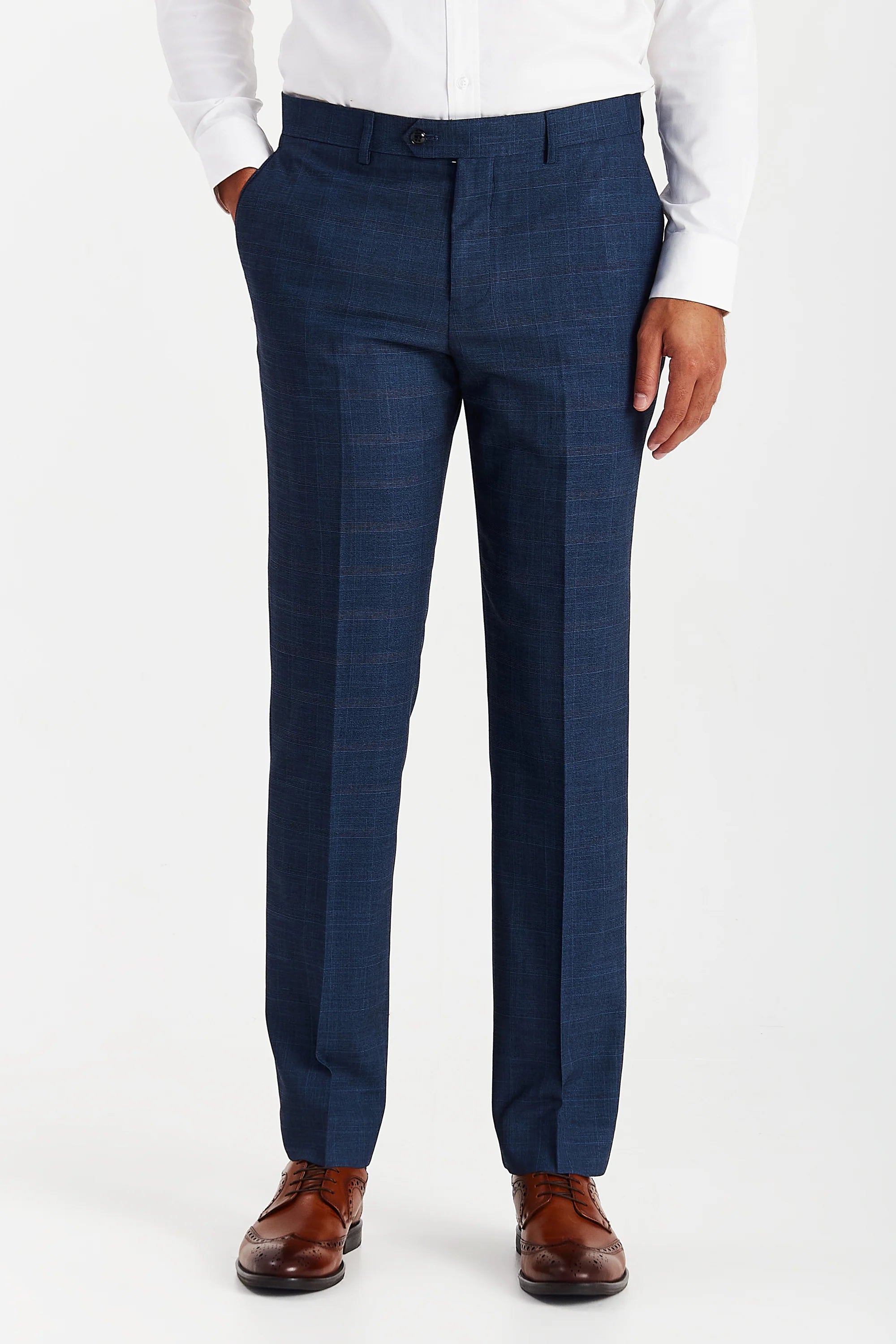 Front view of Paul Andrew Viceroy men's navy suit trousers with a subtle blue check pattern, styled with a crisp white shirt and brown leather brogues.