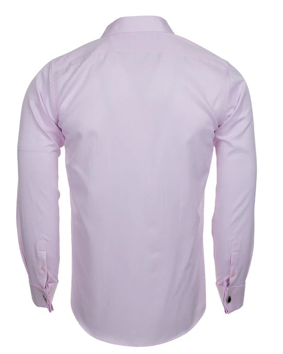 Back view of a Pink Casual Twill Double Cuff Long Sleeve Shirt, highlighting the seam and pleat details. As well as cuff positions on sleeve
