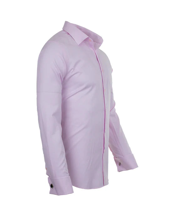 Side view of a Pink Casual Twill Double Cuff Long Sleeve Shirt, emphasizing the fit and side profile.