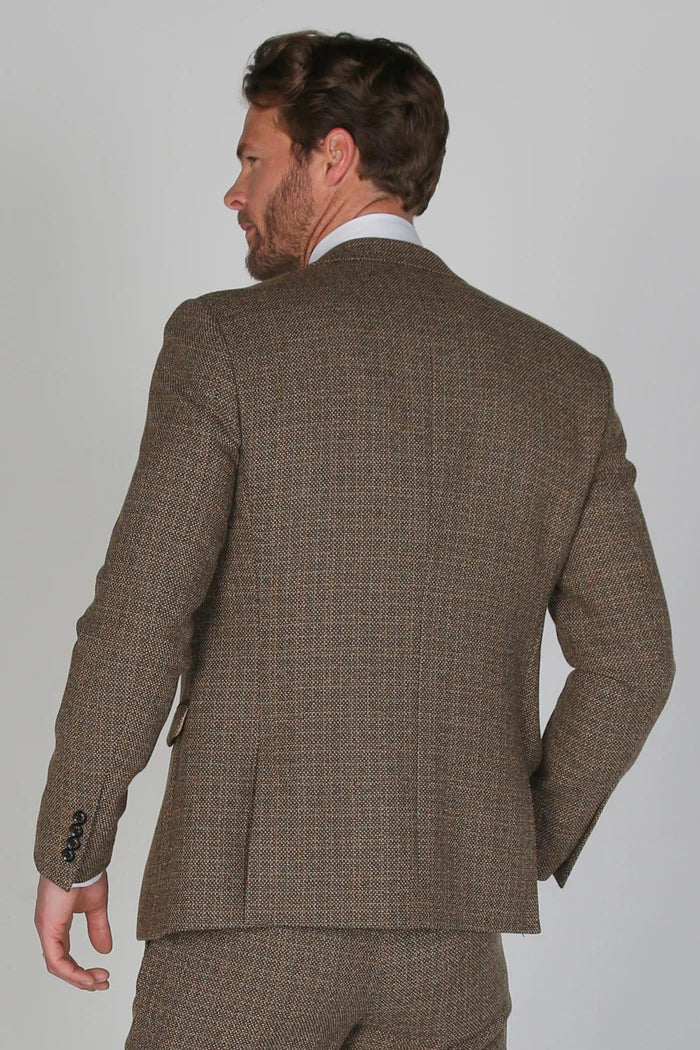 Rear view of the Ralph brown tweed blazer showing shoulder fit, back vent and sleeve button details.