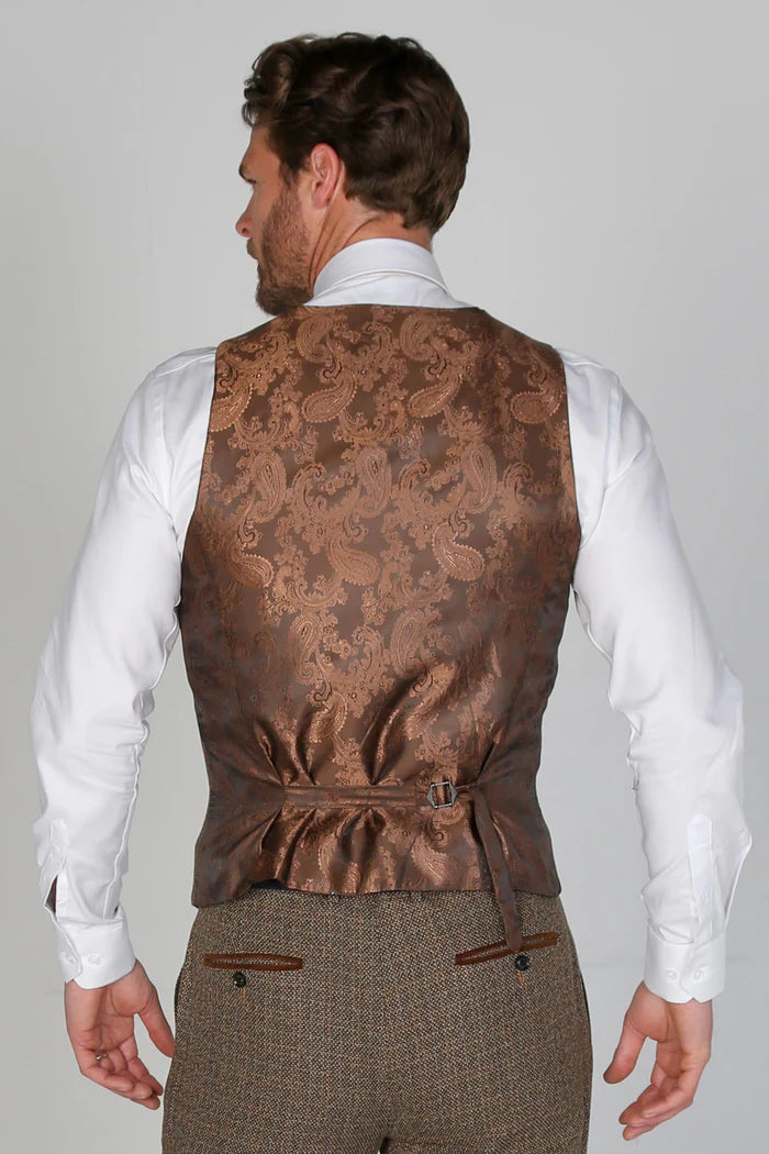 Back view of waistcoat revealing rich bronze paisley satin lining
