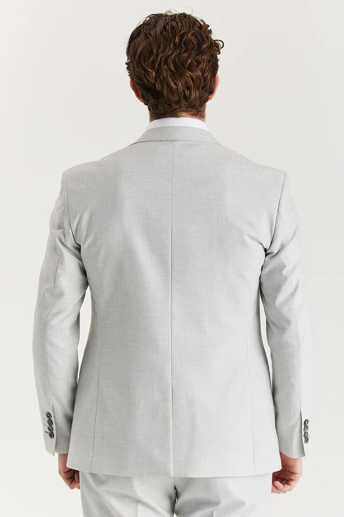 Rear view of the silver suit blazer showing clean seam lines and back structure for a sharp tailored finish.