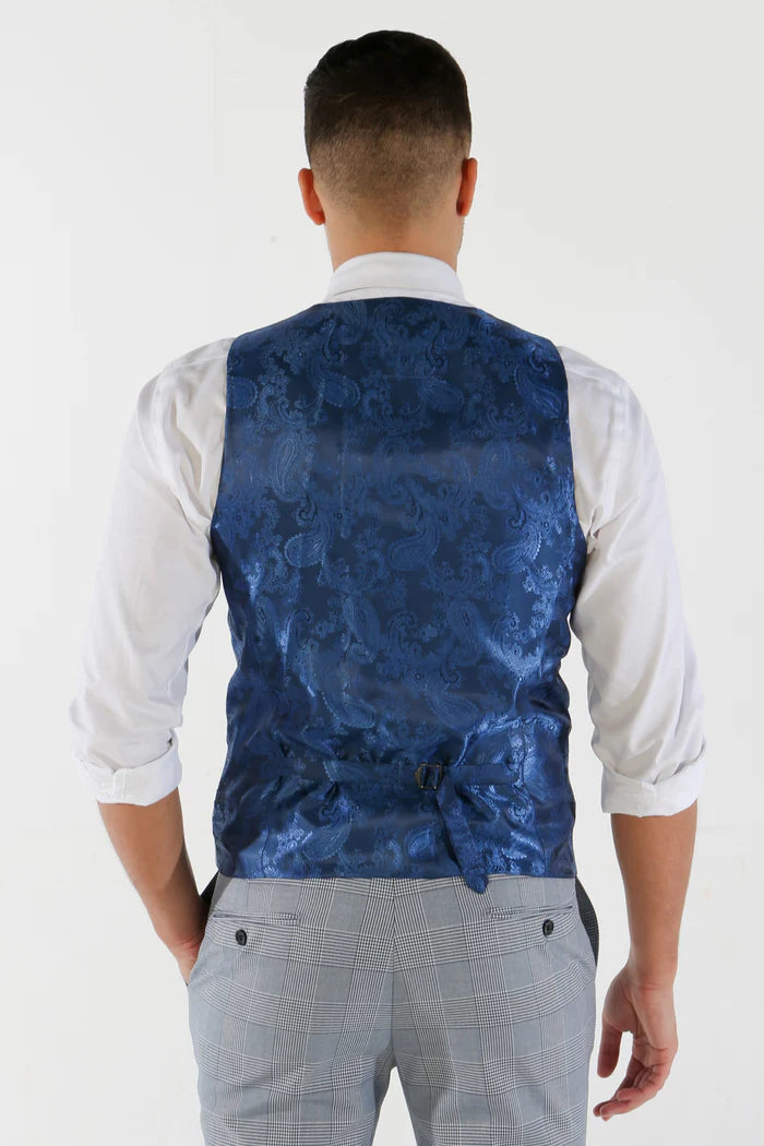 Rear view of the sky blue waistcoat featuring deep blue paisley satin back and adjustable strap.