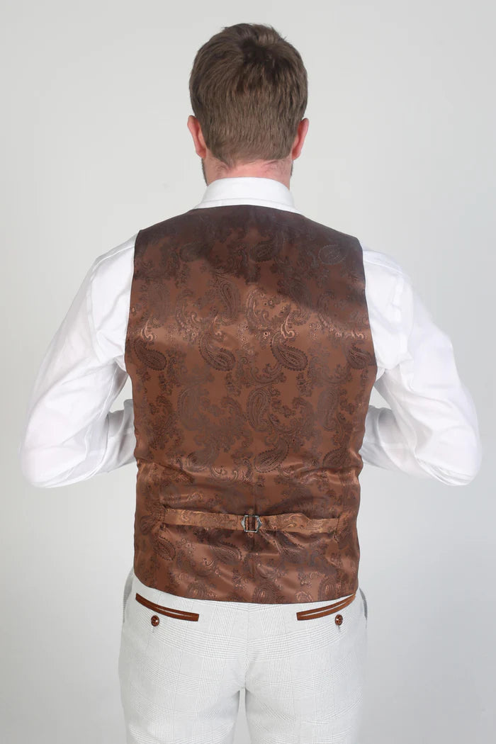 Rear view of the waistcoat showing dark brown paisley satin back with adjustable strap and matching check trousers.