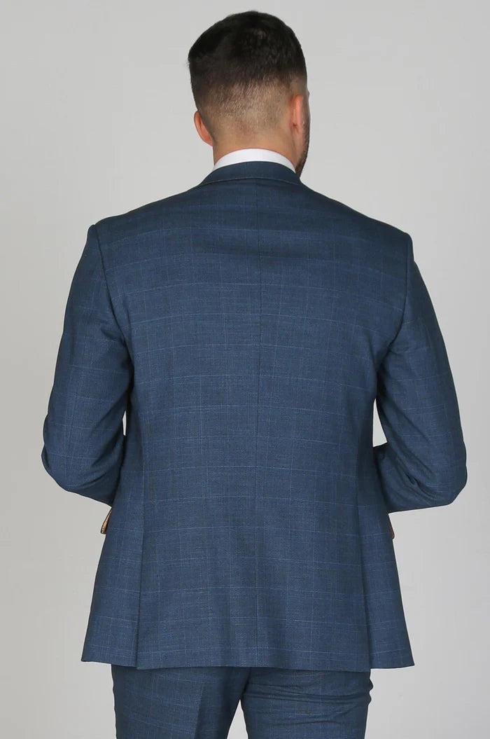 Rear view of the Viceroy navy blazer displaying the clean structure and subtle grid check pattern.