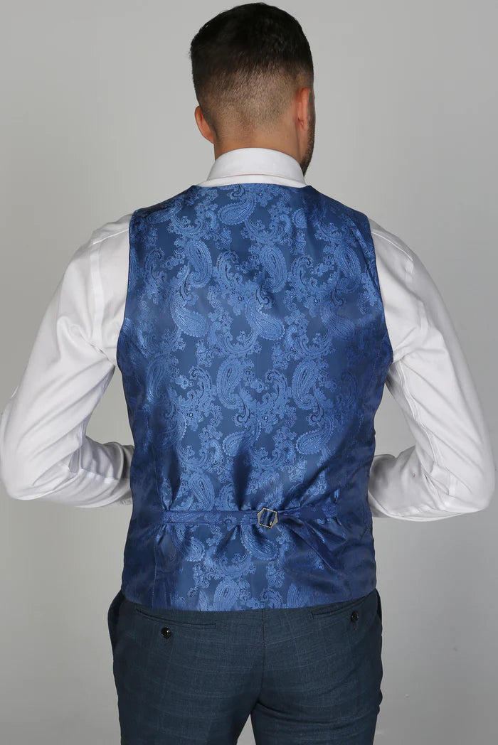 Rear shot of the waistcoat featuring a rich blue paisley satin back with an adjustable strap.