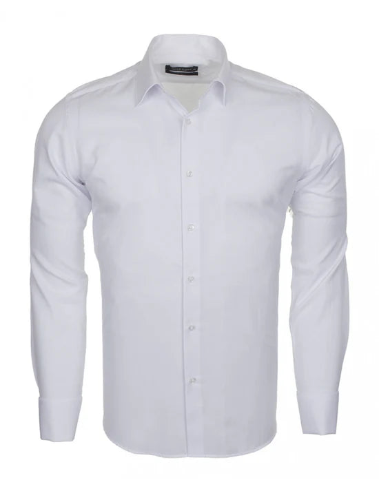 White Casual Twill Double Cuff Long Sleeve Shirt, front view, displaying the overall design and button placement.