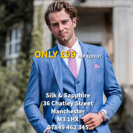 House of Cavani Blue Jay Three Piece suit with Text saying Only £99 at Silk & Sapphire