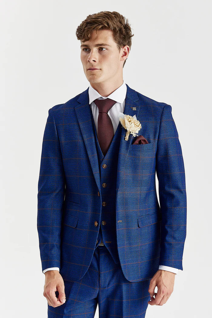 Man wearing Alex navy burgundy check three piece suit, close-up view showing blazer, waistcoat, and tie.