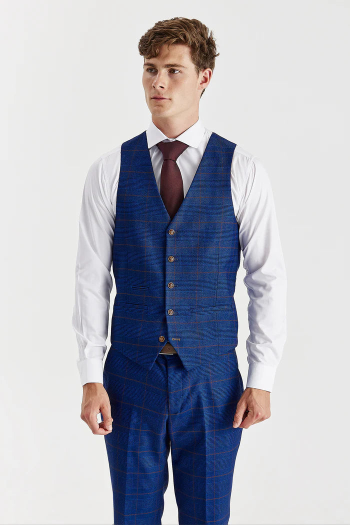 Alex navy burgundy check suit waistcoat front view paired with white shirt and tie.