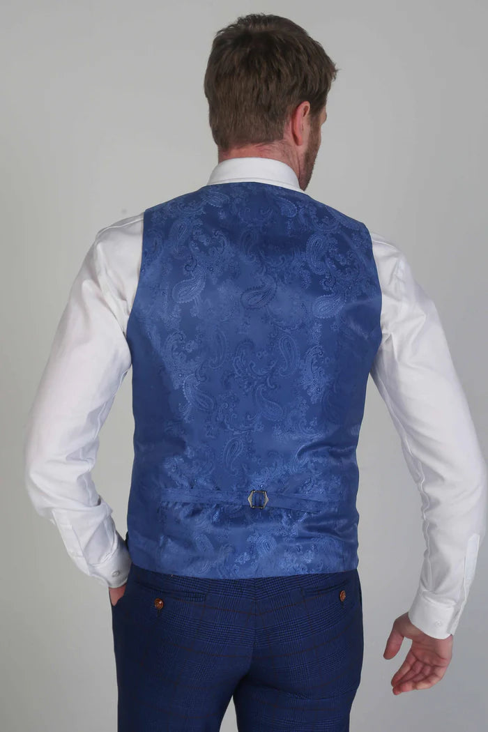Back view of the Alex waistcoat showing its rich blue paisley satin lining with adjustable strap
