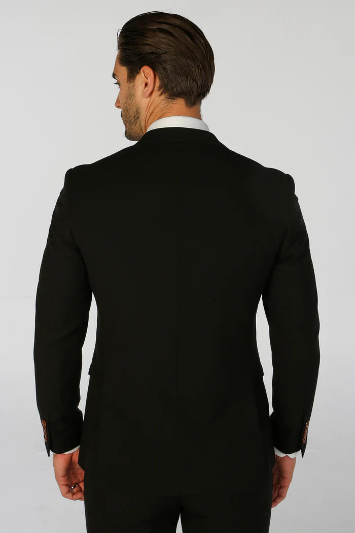 Rear view of a man in a black suit, showcasing the fitted jacket cut and smooth texture of the fabric.