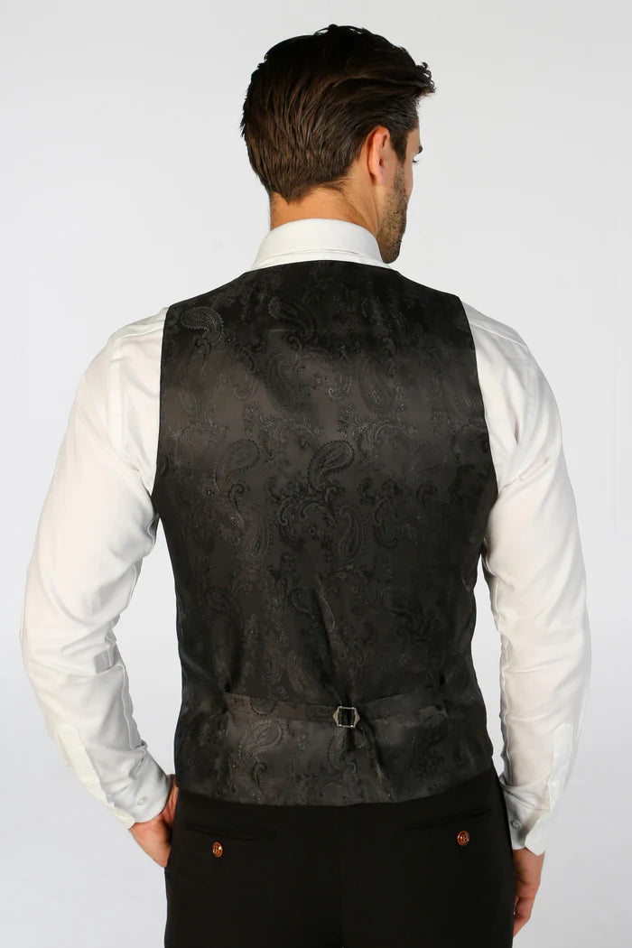 Rear view of a black waistcoat featuring a black paisley satin back with adjustable strap.
