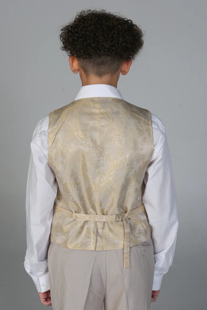 Rear view of adjustable paisley gold satin waistcoat over white shirt for formalwear.