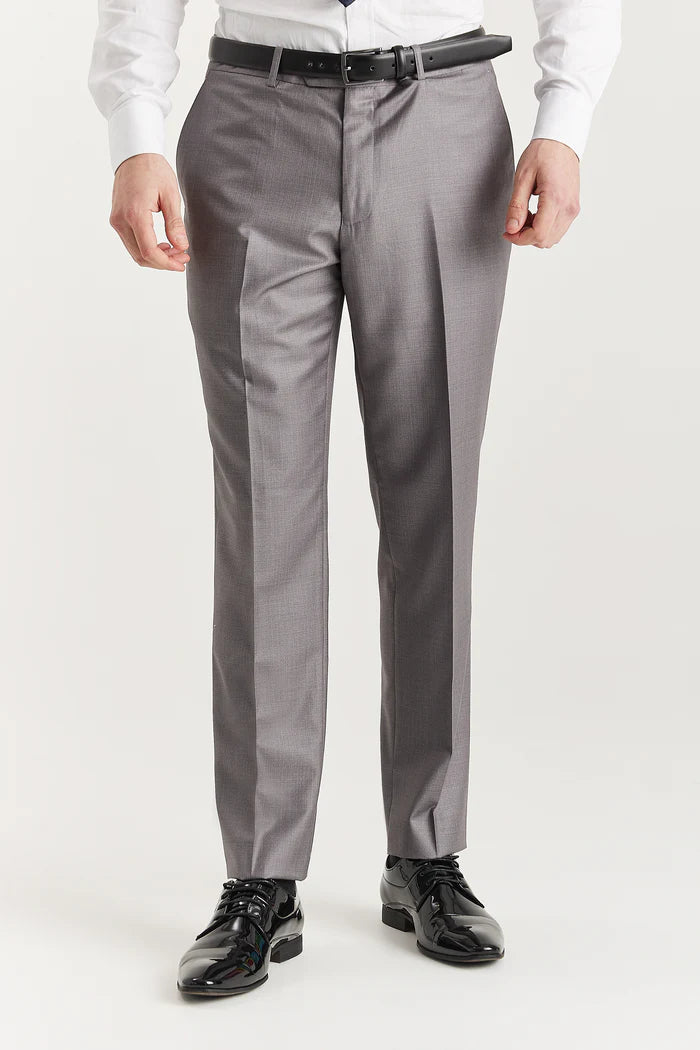 Front view of grey suit trousers with pressed creases and black leather belt for a sharp tailored look.