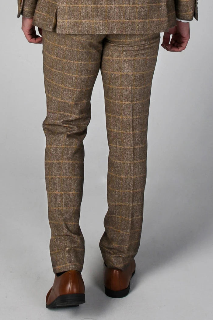  Rear view of the tailored trousers of the Harris Brown Tweed Check Suit, featuring a classic check pattern and modern fit.