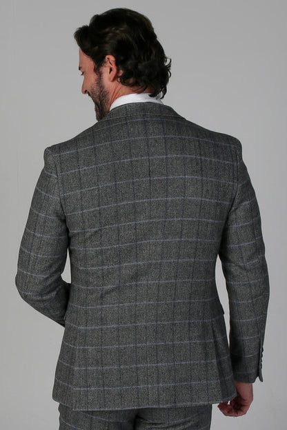 Rear view of the Harris Grey Tweed Check three-piece suit jacket highlighting its clean tailoring and checkered pattern.