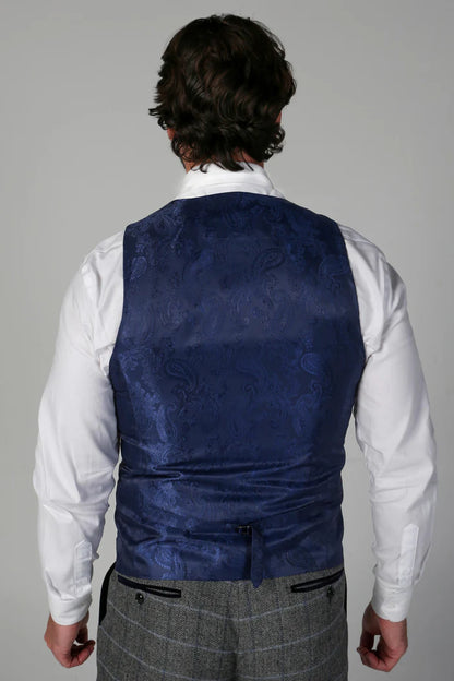 Rear view of the Harris Grey Tweed Check suit waistcoat, featuring a blue satin back and adjustable strap for a perfect fit.