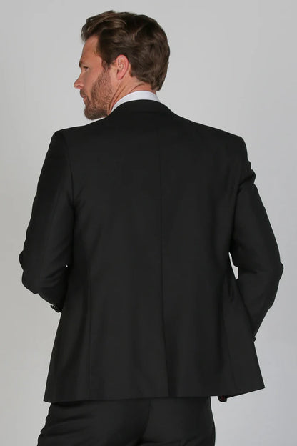 Rear view of the black tuxedo jacket showcasing its clean and tailored design.