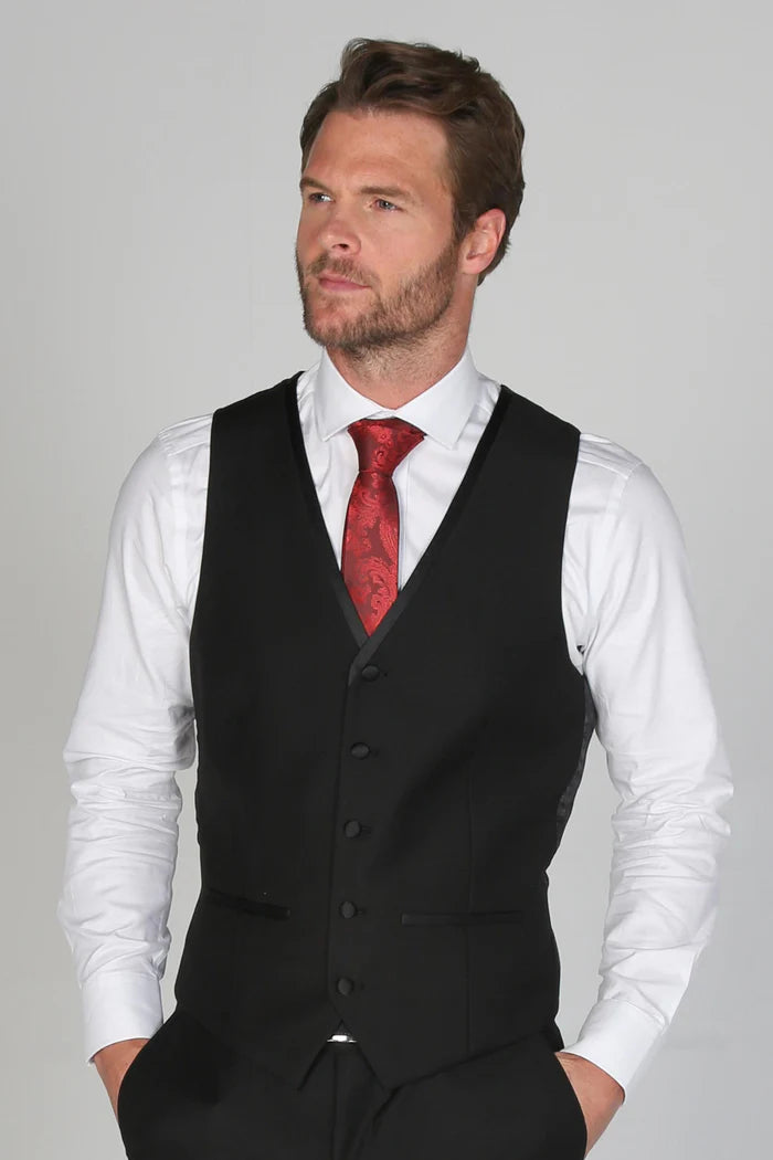 Harry Black men's three-piece tuxedo showing the black vest paired with a white shirt and red tie.