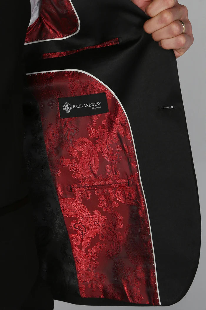 Close-up of the luxurious red paisley lining inside the Harry Black tuxedo jacket.