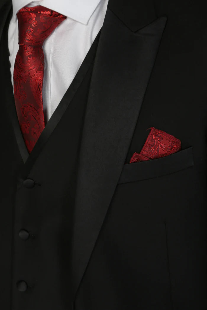 Close-up of the Harry Black tuxedo featuring a red paisley tie and matching pocket square.