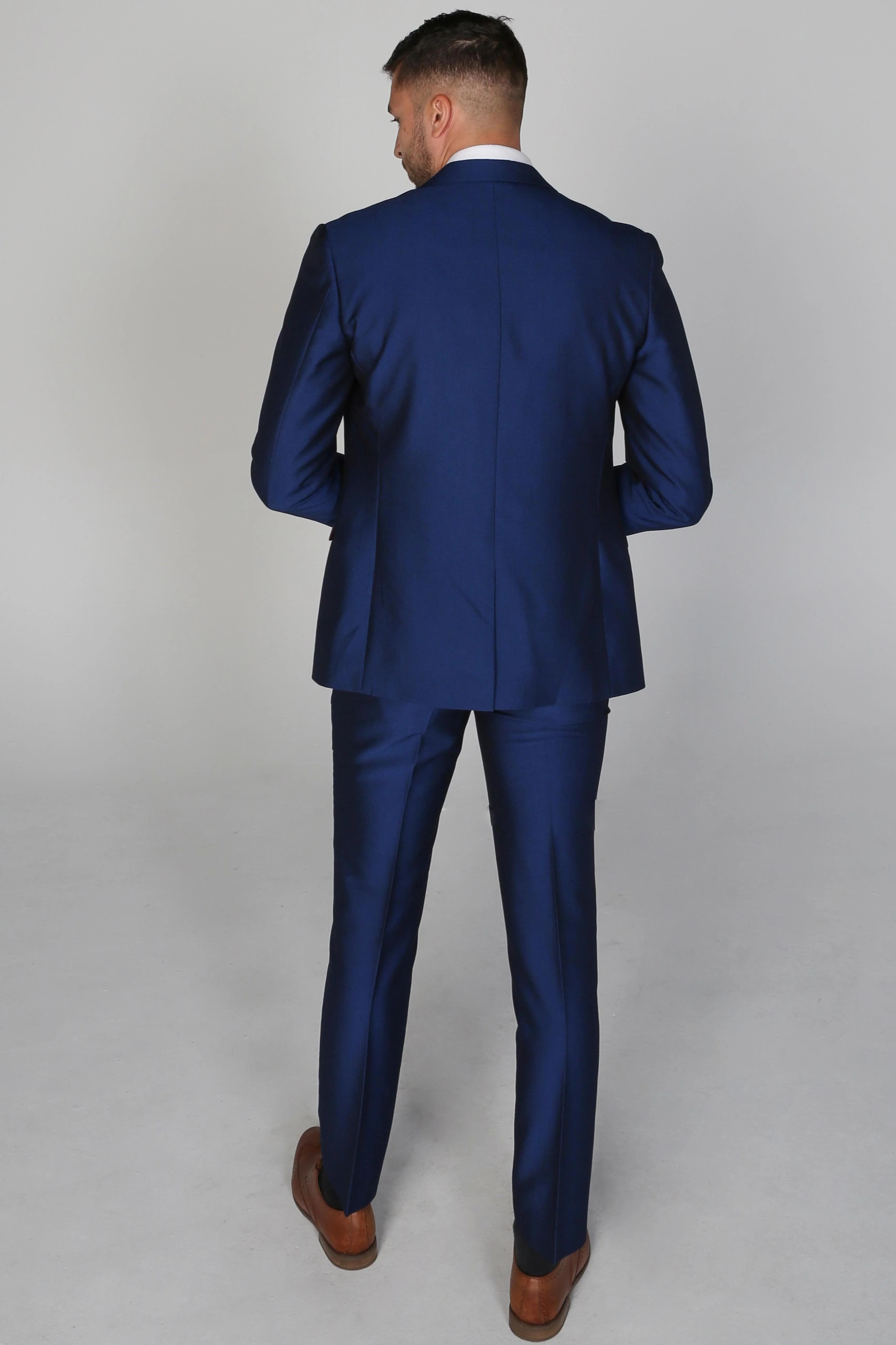 Back view of Kingsley Blue Men's three-piece suit, showing the back of the jacket and trousers.