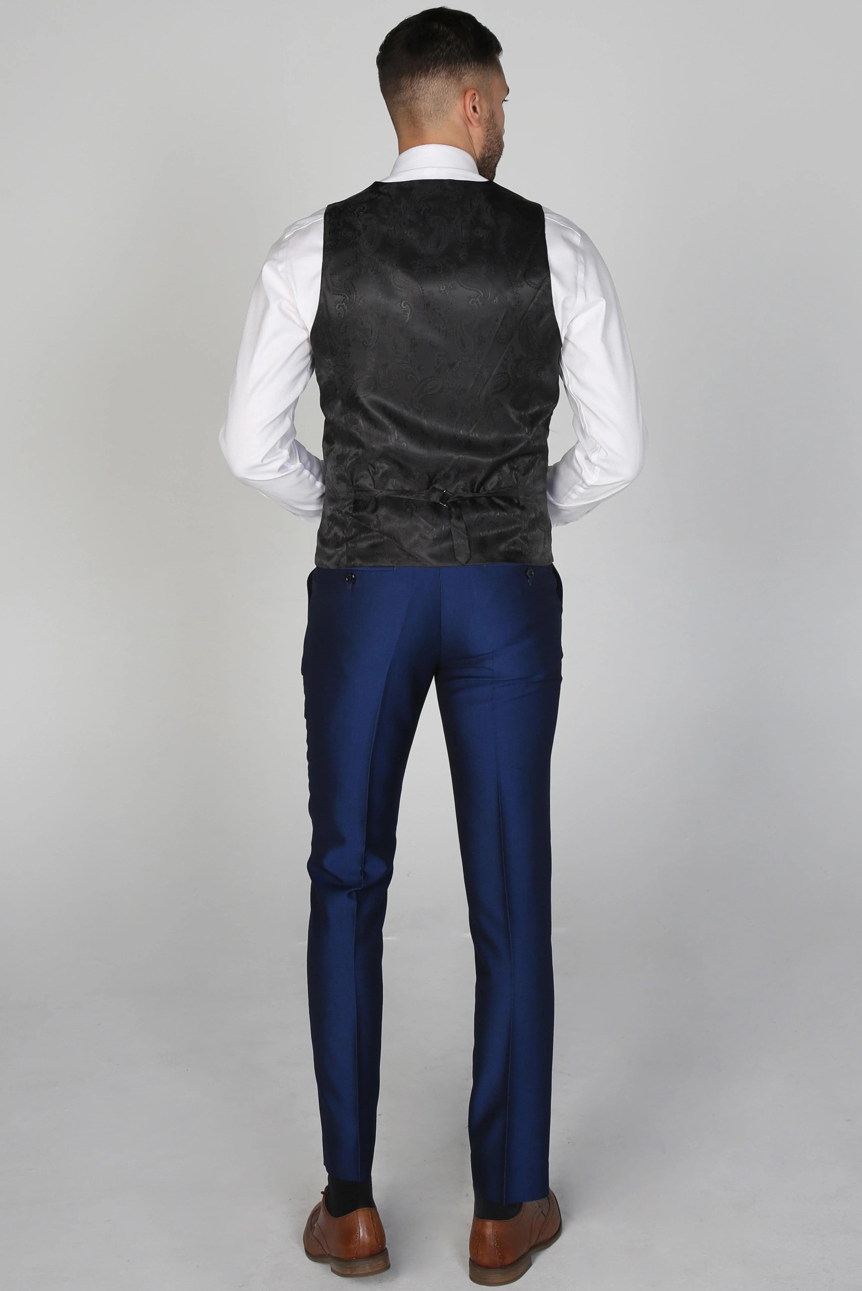 Back view of Kingsley Blue Men's three-piece suit waistcoat, showcasing the black patterned back.