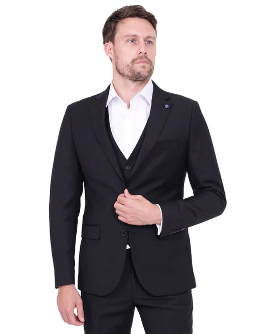 Makrom black classic plain three-piece suit for men, featuring a tailored fit jacket, waistcoat, and trousers.