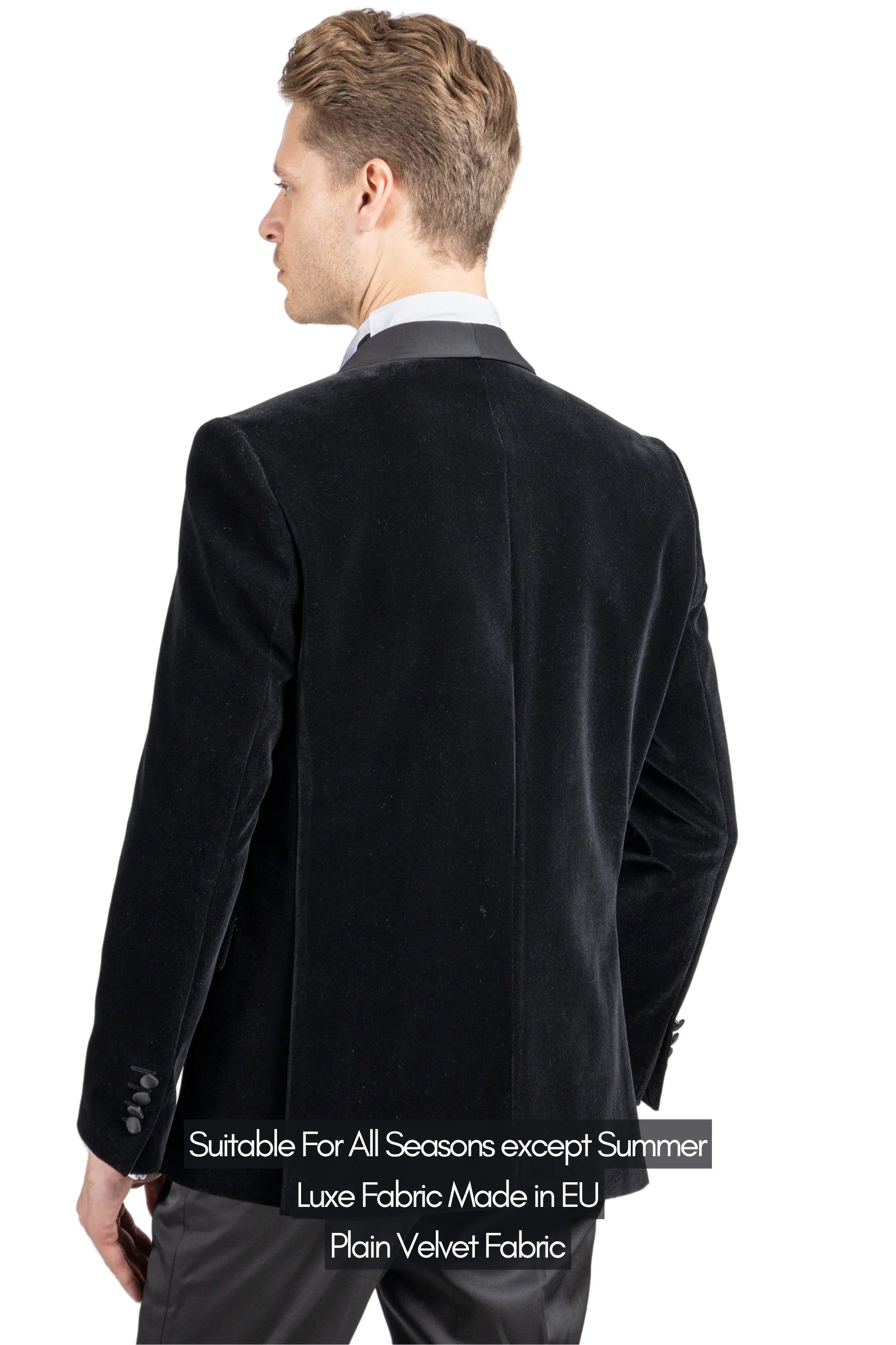 Back view of black velvet dinner jacket with black satin collar