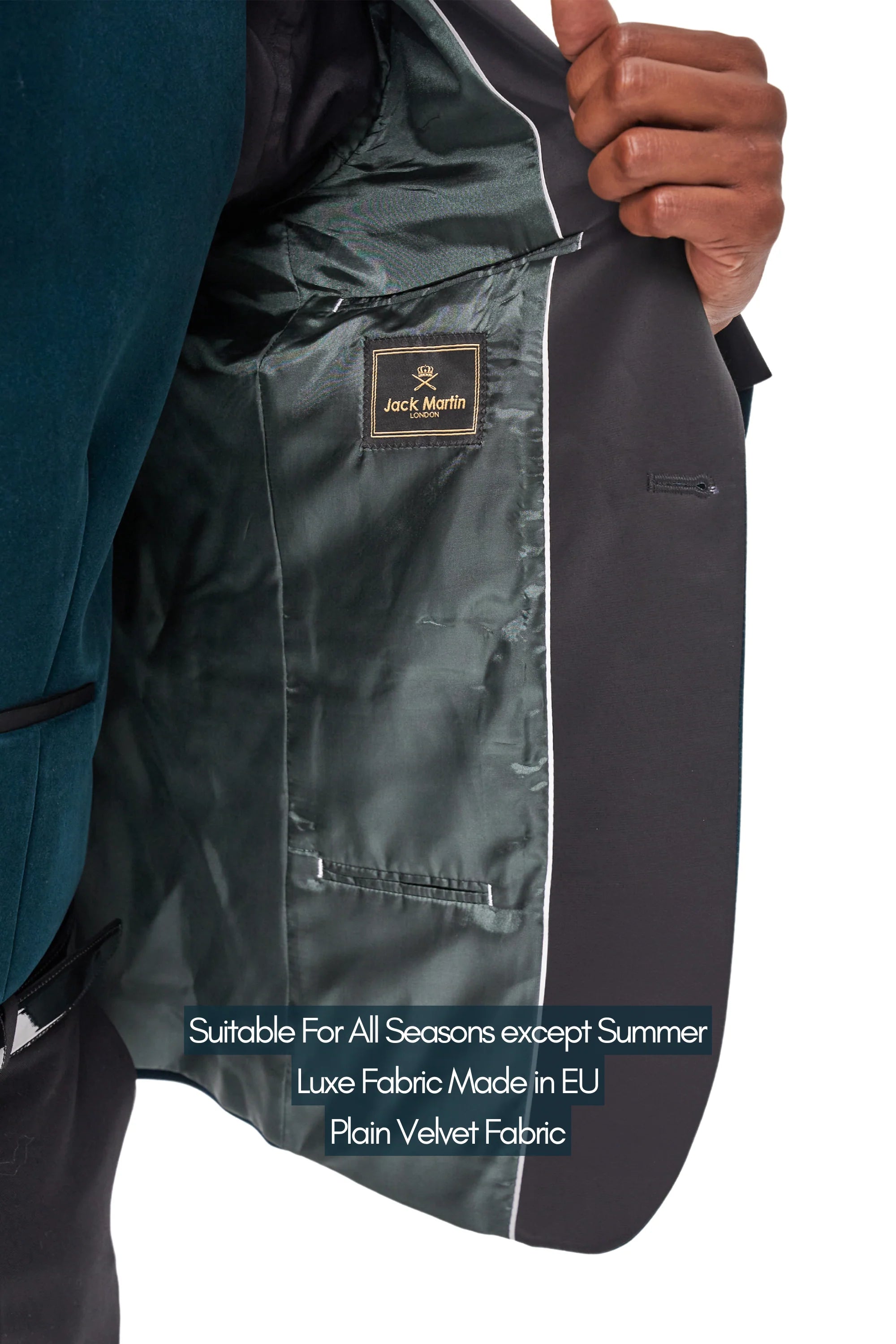 Interior lining of emerald green velvet dinner jacket showing Jack Martin label