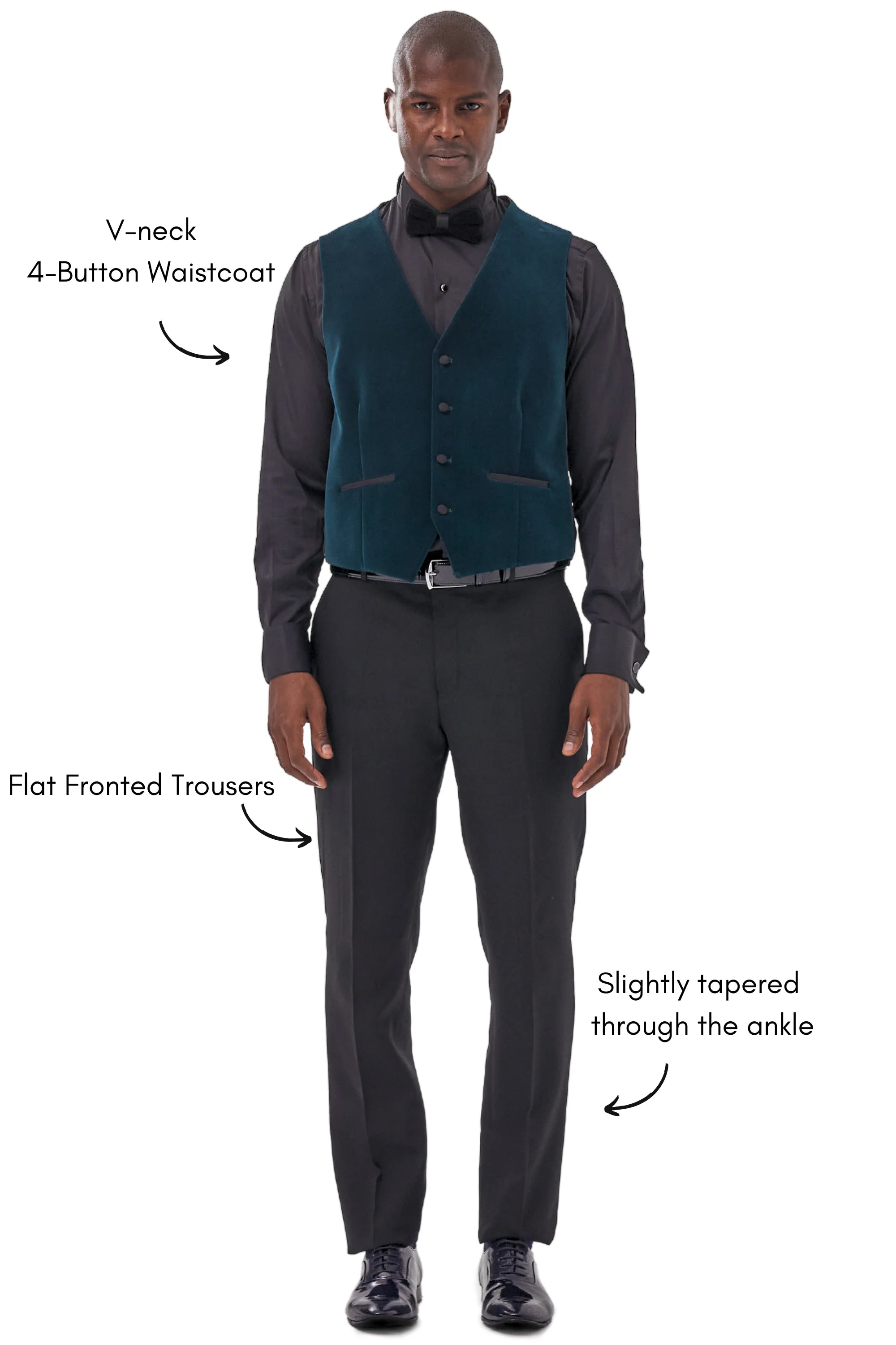 Emerald green velvet waistcoat with V-neck and four-button fastening, front view