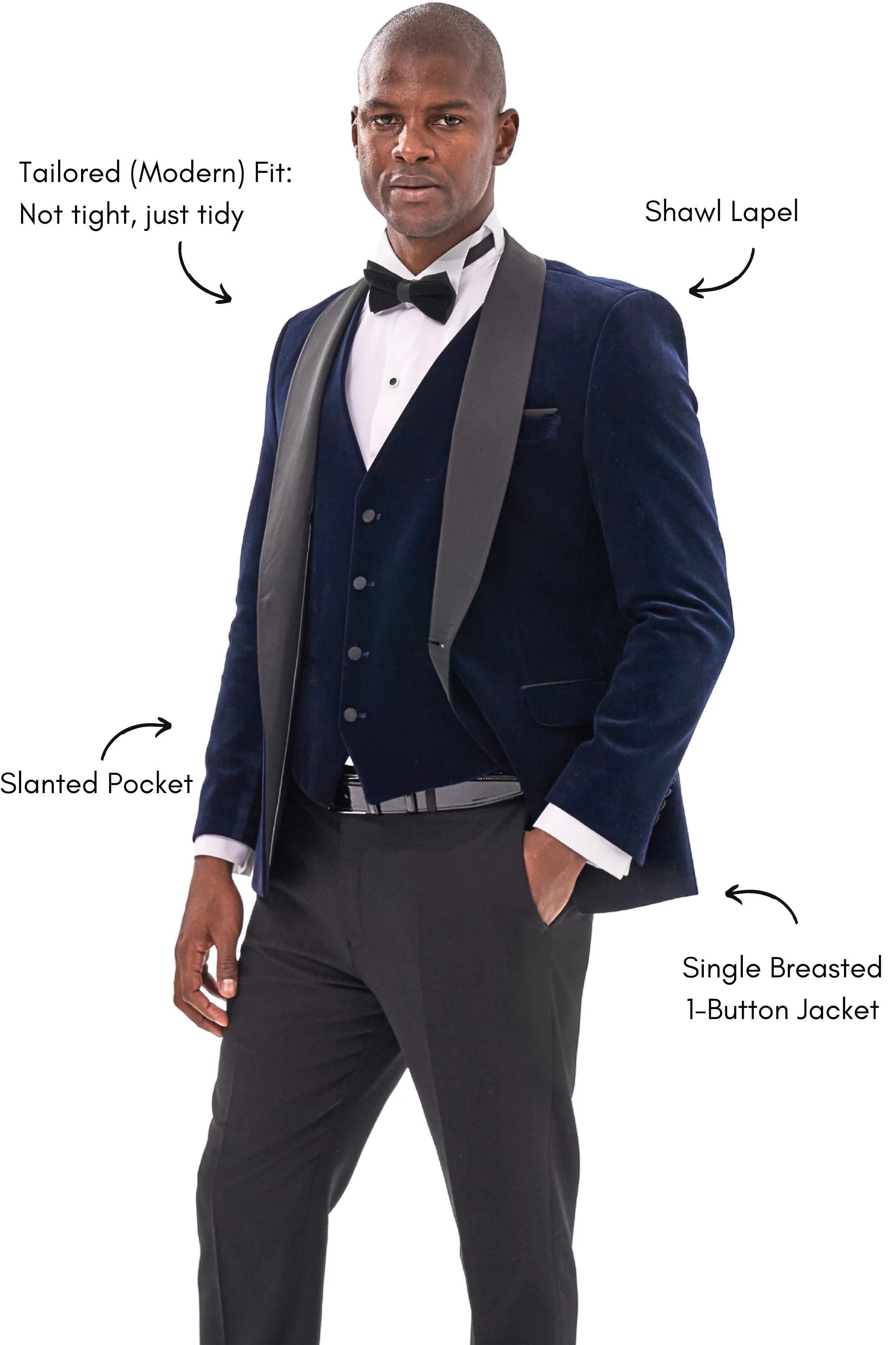 Midnight blue velvet dinner jacket with black satin shawl lapels and matching waistcoat, full-length front view