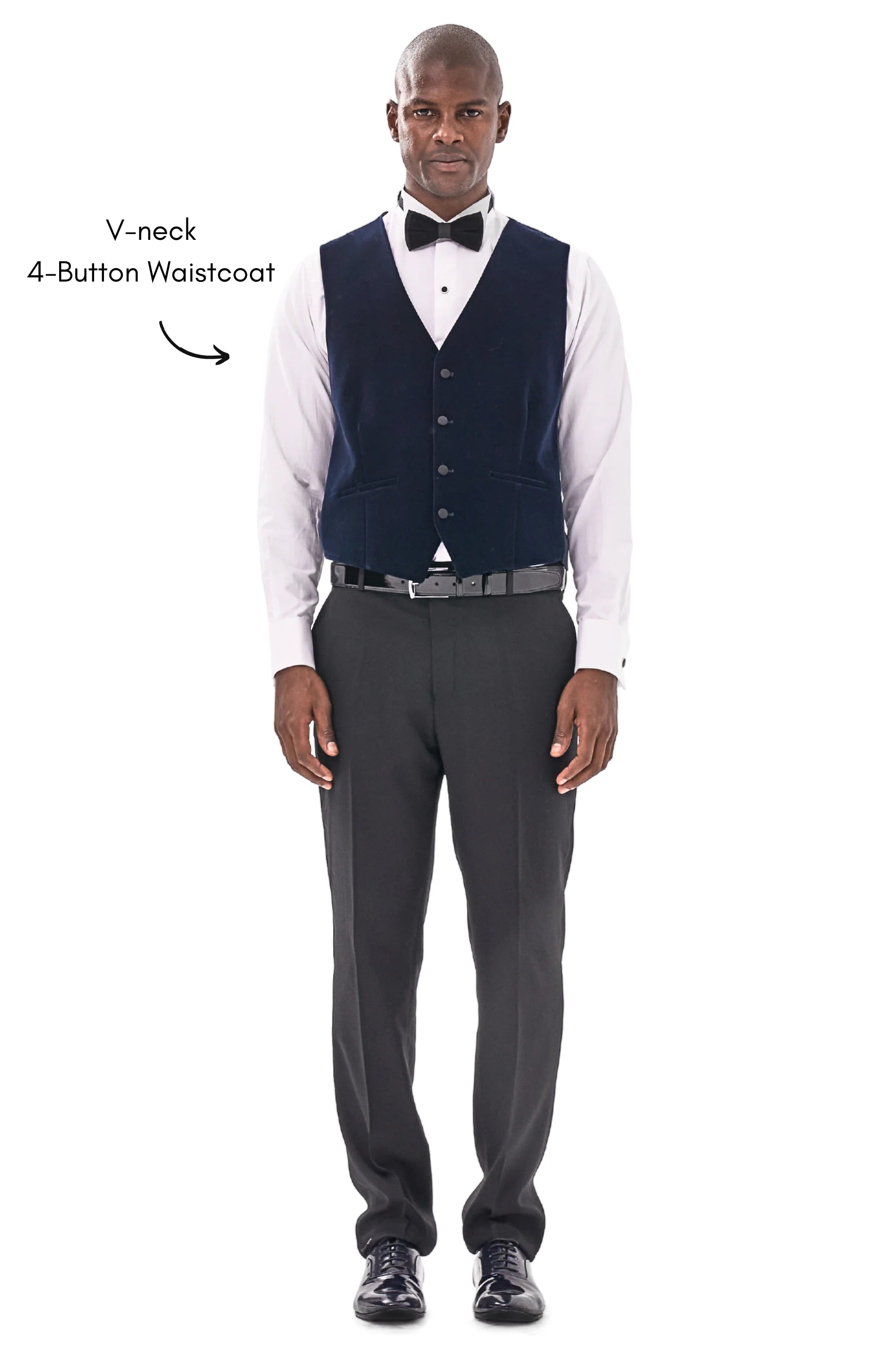 Midnight blue velvet waistcoat with V-neck and four-button fastening, front view