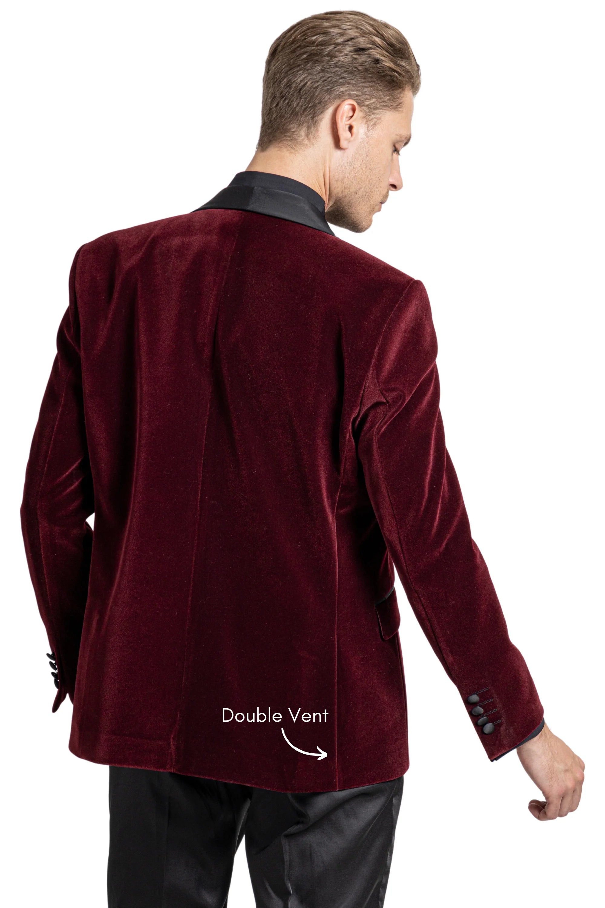 Back view of wine burgundy velvet dinner jacket with black satin collar and double vents