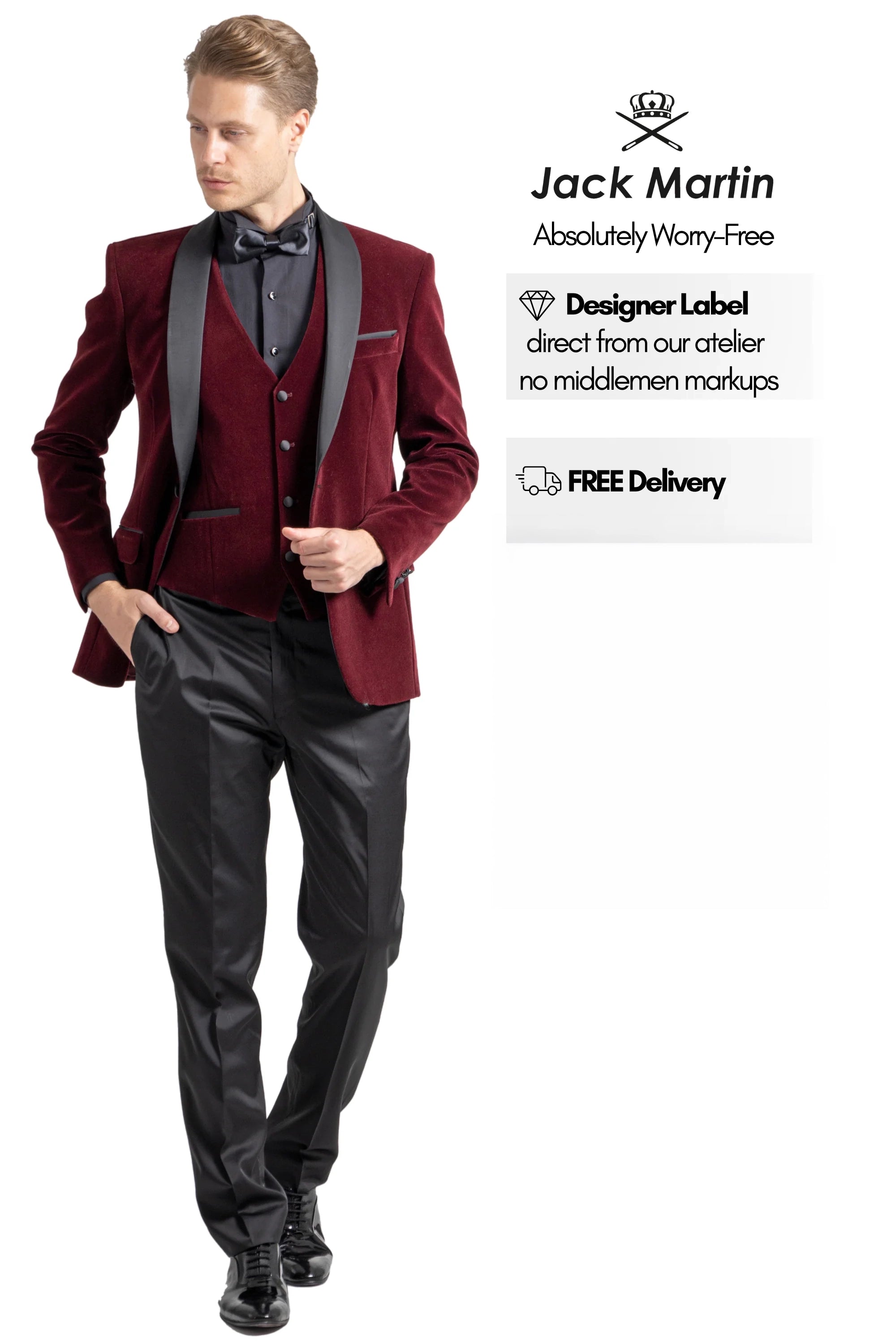 Wine burgundy velvet dinner jacket with black satin shawl lapels and matching waistcoat, angled front view