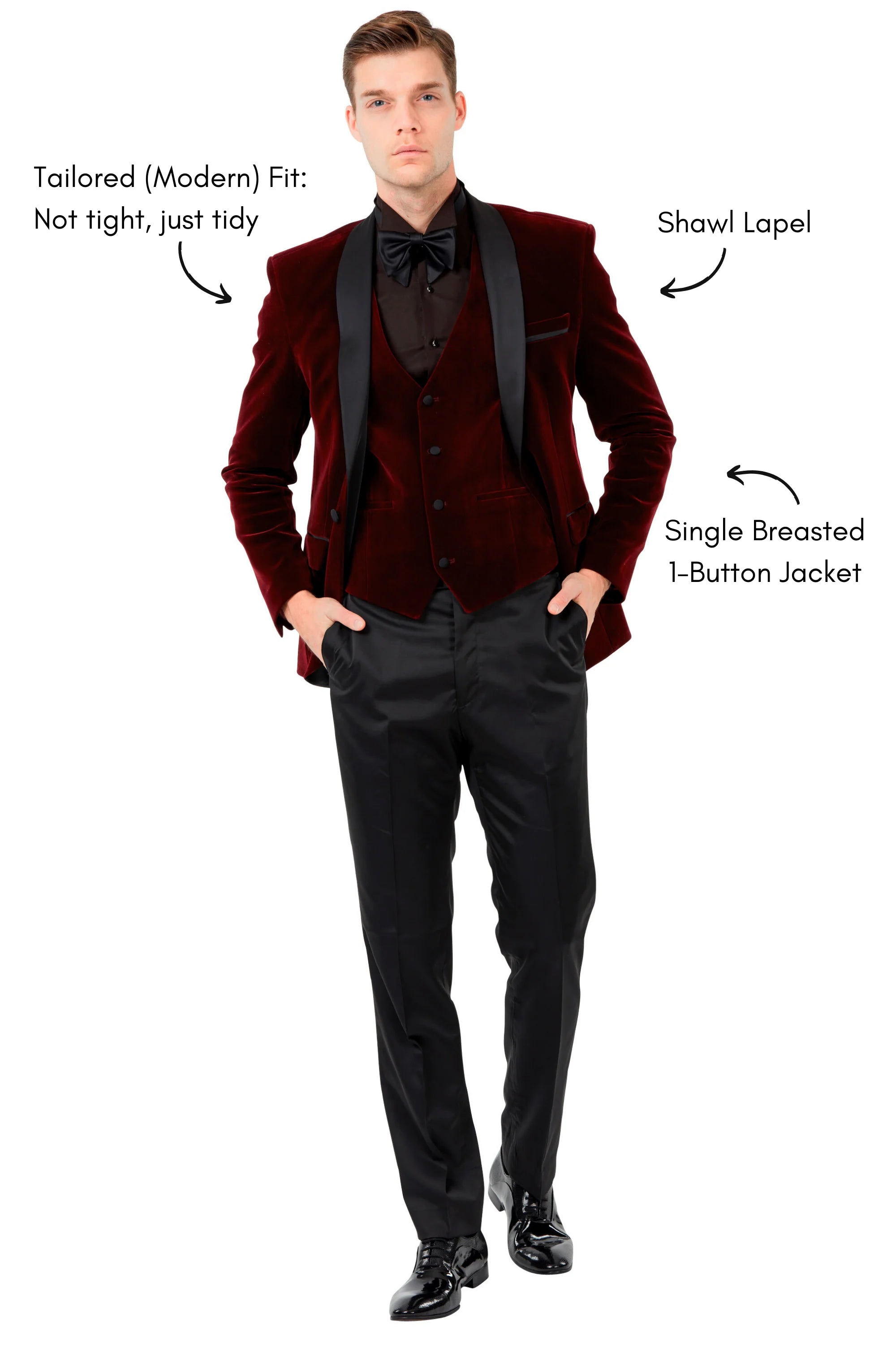 Wine burgundy velvet dinner jacket with black satin shawl lapels and matching waistcoat, full-length front view