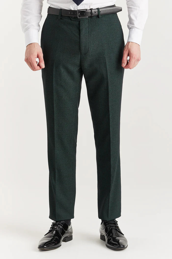 Front-facing image of tailored olive green check trousers with black leather belt and black shiny shoes.