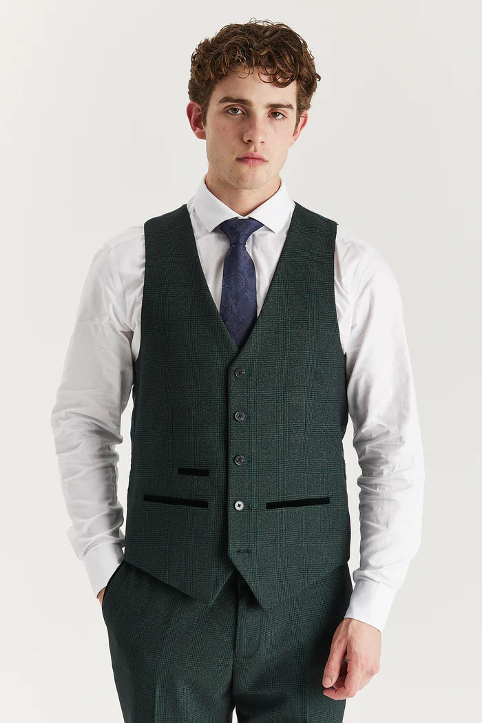Front view of the olive check waistcoat with button fastening, worn over a white shirt and navy patterned tie.