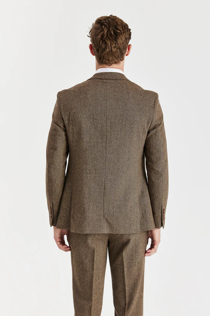 Back view of Oscar brown tweed three-piece suit jacket and trousers, showing clean tailoring and classic fit.