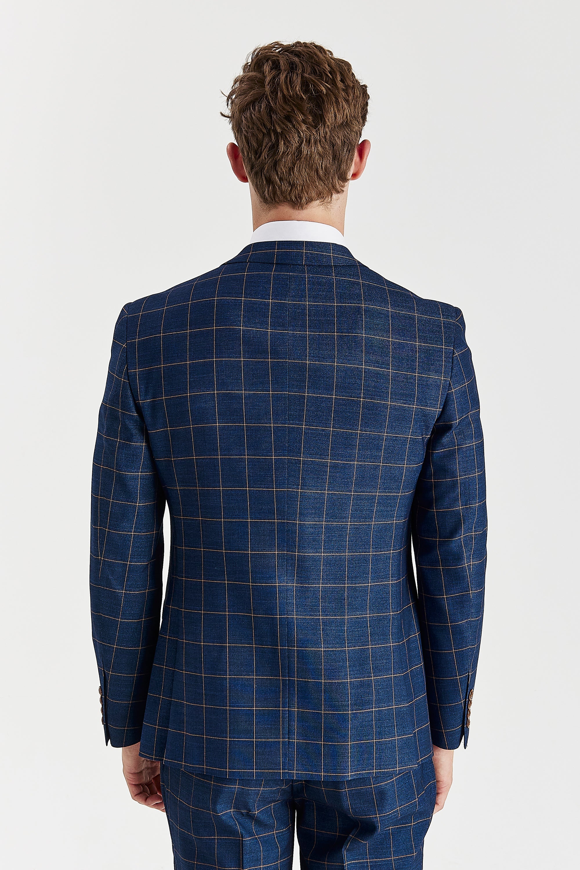 Rear view of the Paul Andrew Hamleys navy check blazer, showing the tailored fit and double vent design.