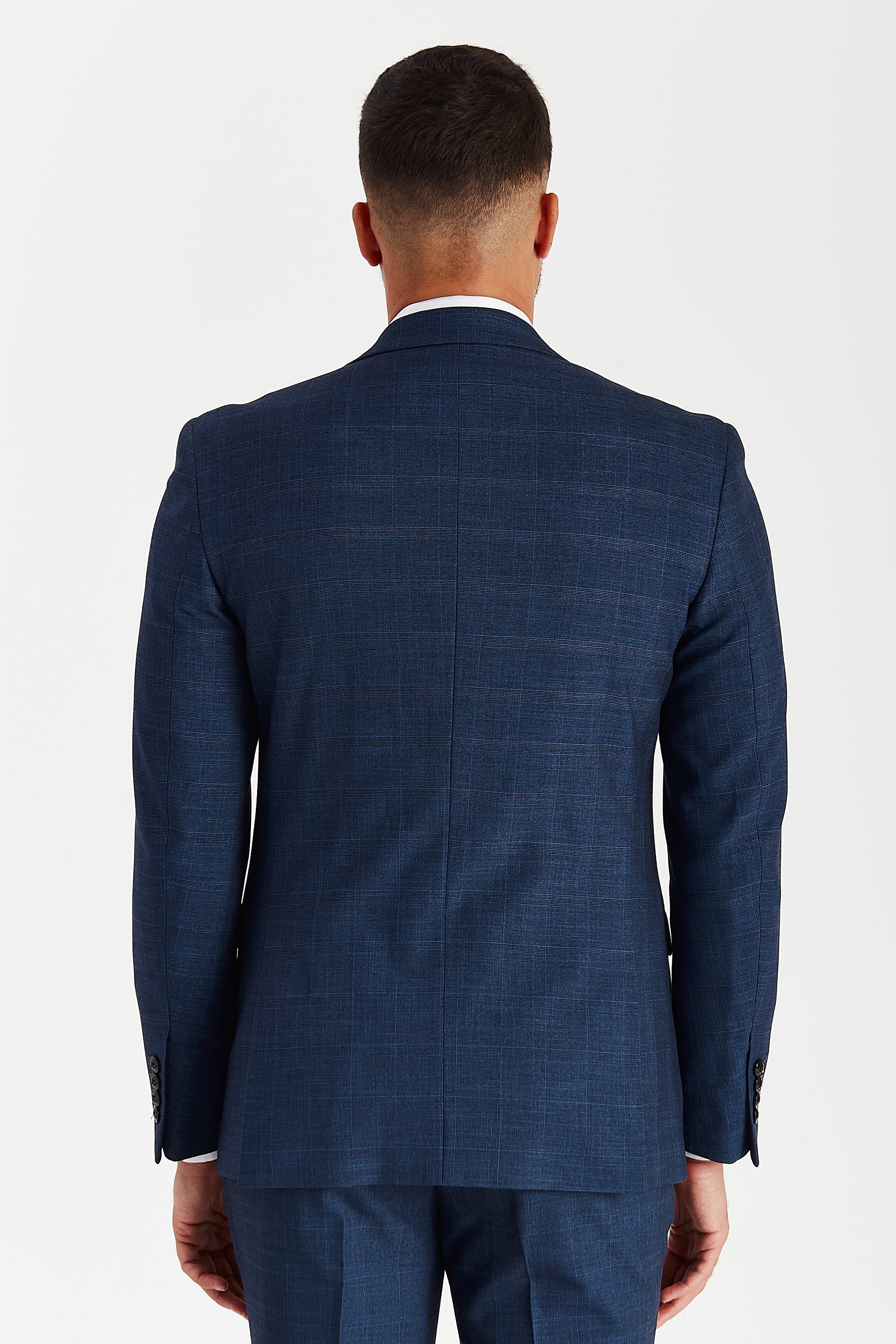 Rear view of the Viceroy Men's Navy Check Blazer showing the tailored fit across the back and the classic vent less design at the hem.